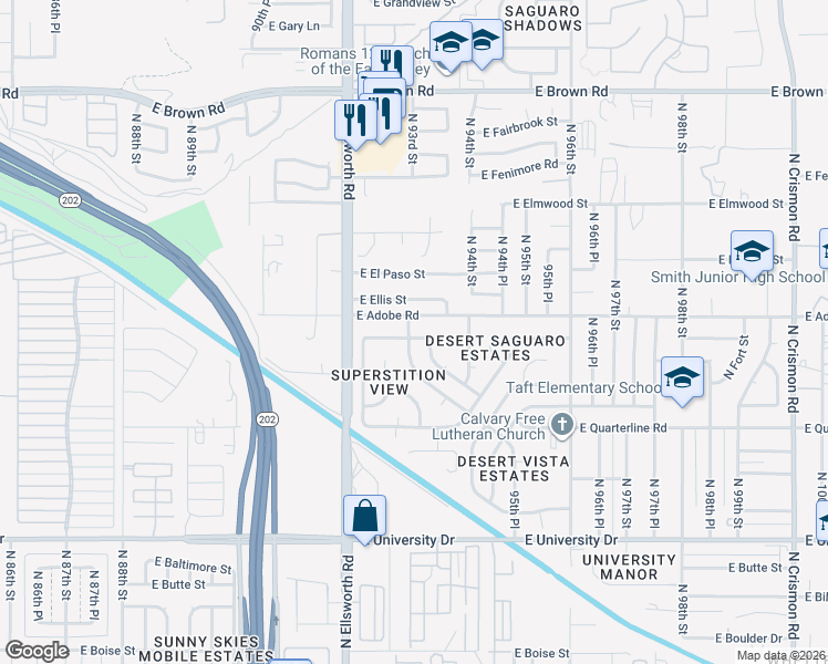 map of restaurants, bars, coffee shops, grocery stores, and more near 9306 East Duncan Street in Mesa