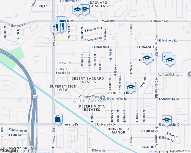 map of restaurants, bars, coffee shops, grocery stores, and more near 9518 East Duncan Street in Mesa