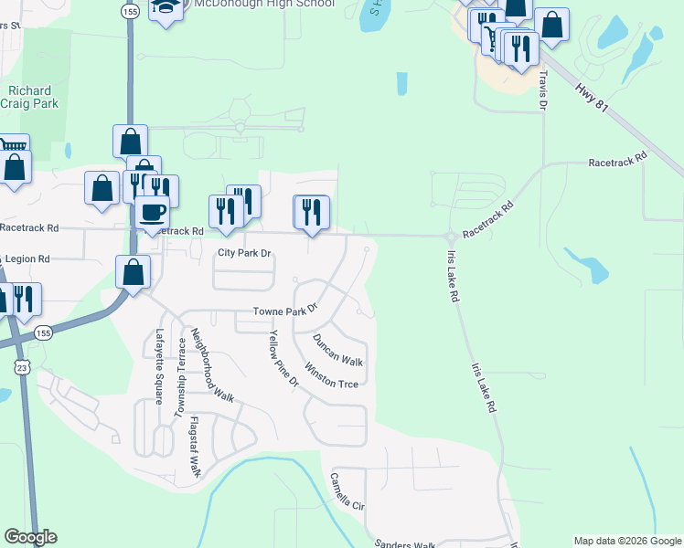 map of restaurants, bars, coffee shops, grocery stores, and more near 5110 Towne Park Drive in McDonough