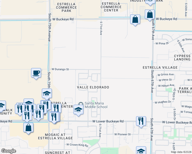 map of restaurants, bars, coffee shops, grocery stores, and more near 2024 South 71st Drive in Phoenix