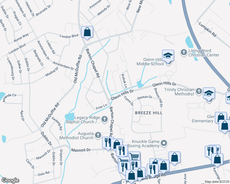 map of restaurants, bars, coffee shops, grocery stores, and more near 3601 Mount View Drive in Augusta