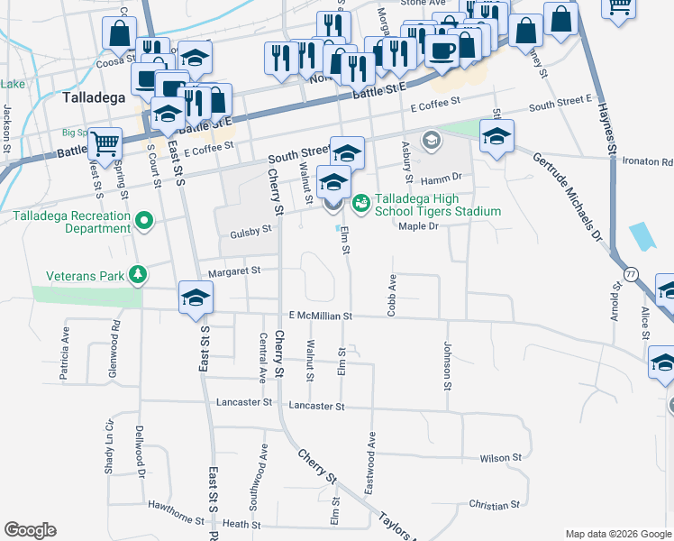 map of restaurants, bars, coffee shops, grocery stores, and more near 345 Moorefield Drive in Talladega