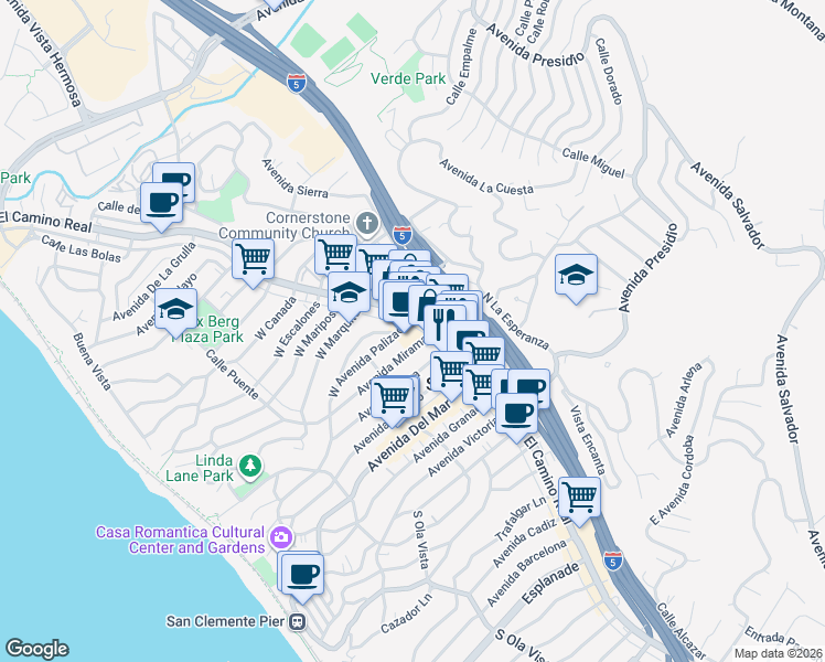 map of restaurants, bars, coffee shops, grocery stores, and more near 106 Avenida Miramar in San Clemente