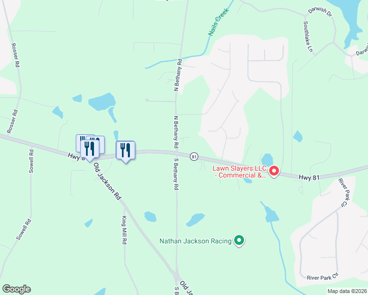 map of restaurants, bars, coffee shops, grocery stores, and more near 4 North Bethany Road in McDonough