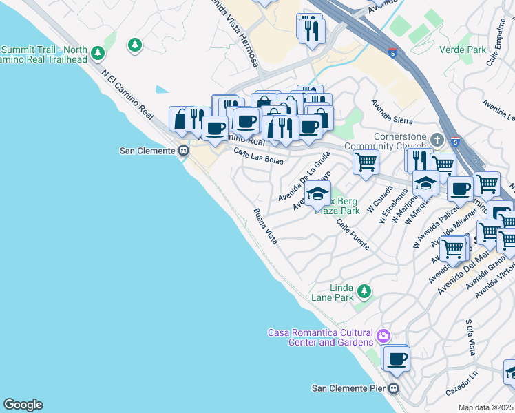 map of restaurants, bars, coffee shops, grocery stores, and more near 1412 Buena Vista in San Clemente