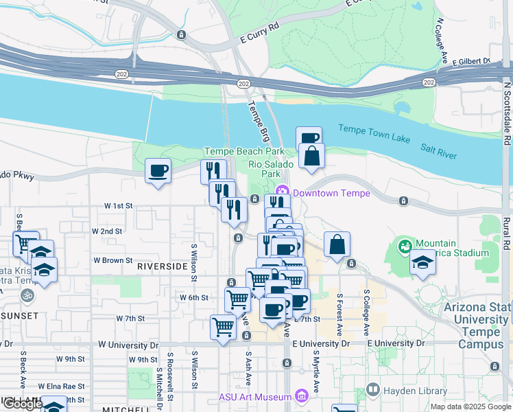 map of restaurants, bars, coffee shops, grocery stores, and more near 111 West Rio Salado Parkway in Tempe