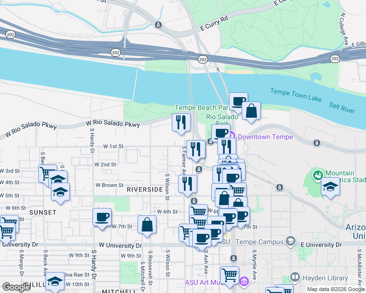 map of restaurants, bars, coffee shops, grocery stores, and more near 202 South Farmer Avenue in Tempe