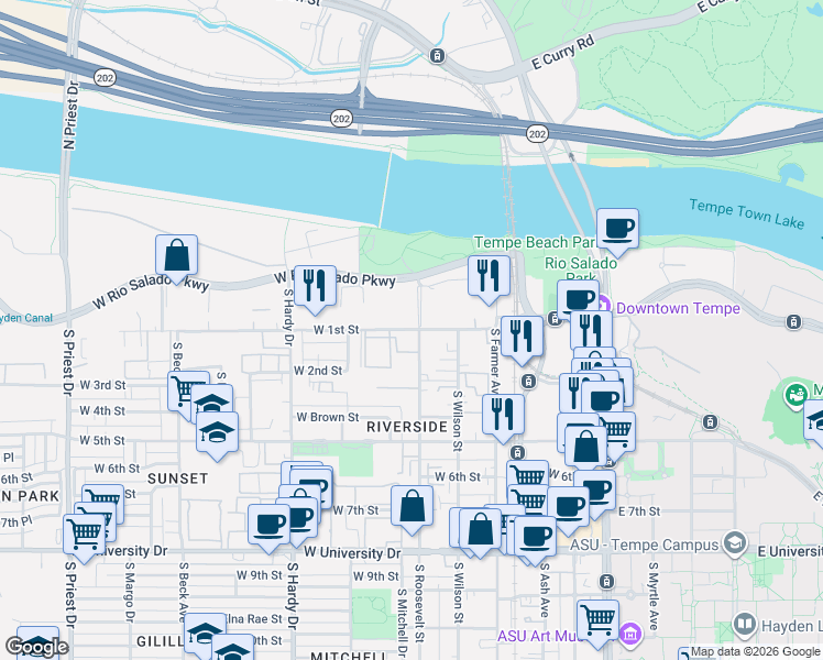 map of restaurants, bars, coffee shops, grocery stores, and more near 777 South College Avenue in Tempe