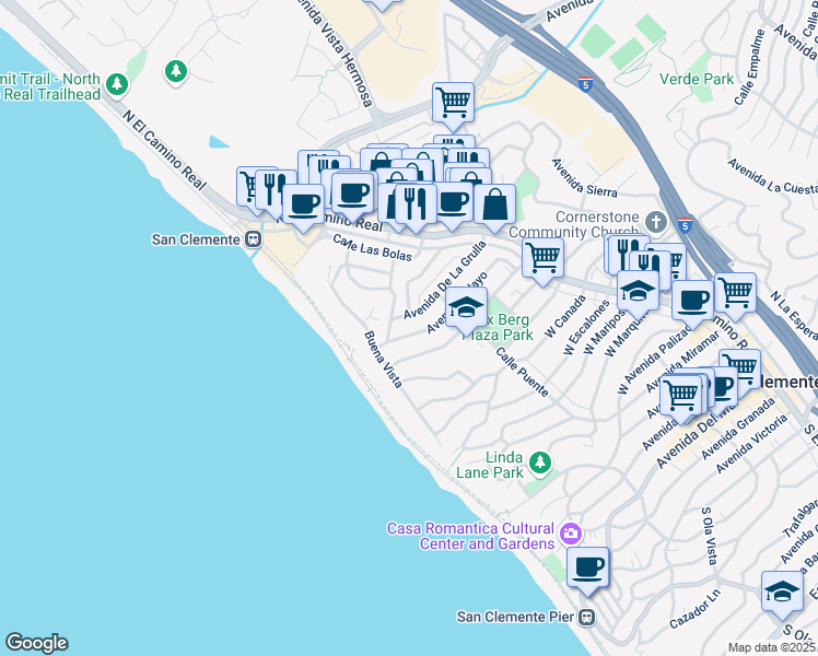 map of restaurants, bars, coffee shops, grocery stores, and more near 230 Avenida Pelayo in San Clemente