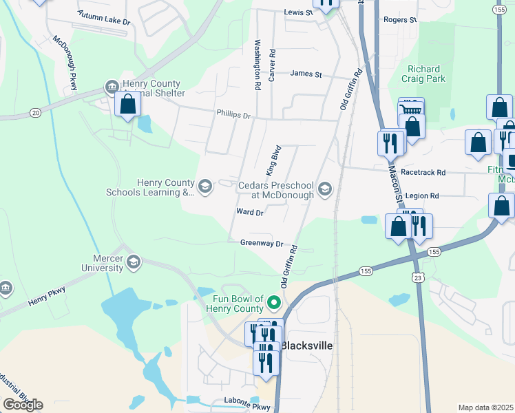 map of restaurants, bars, coffee shops, grocery stores, and more near 37 Ward Street in McDonough