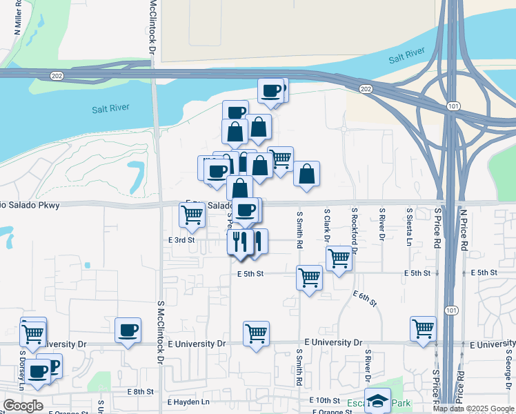 map of restaurants, bars, coffee shops, grocery stores, and more near 1951 East Rio Salado Parkway in Tempe
