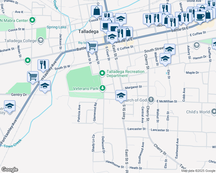 map of restaurants, bars, coffee shops, grocery stores, and more near 206 Gary Street in Talladega