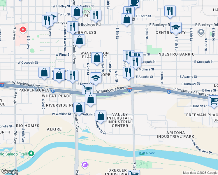 map of restaurants, bars, coffee shops, grocery stores, and more near 330 West Maricopa Freeway in Phoenix