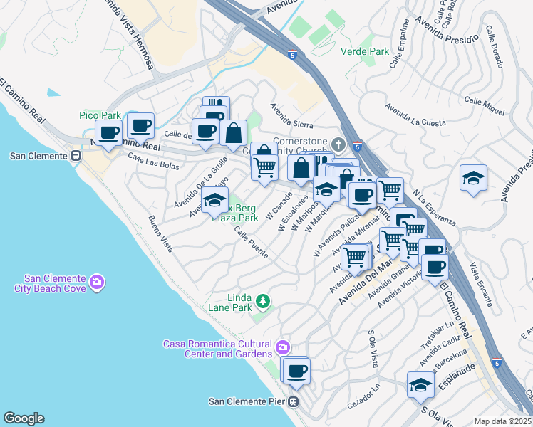map of restaurants, bars, coffee shops, grocery stores, and more near 130 West Canada in San Clemente