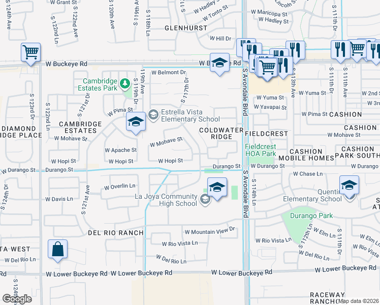 map of restaurants, bars, coffee shops, grocery stores, and more near 11751 West Apache Street in Avondale