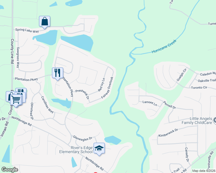 map of restaurants, bars, coffee shops, grocery stores, and more near 12004 Red Ivy Lane in Fayetteville