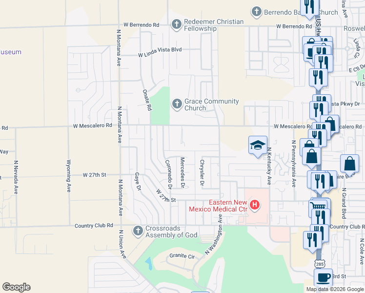 map of restaurants, bars, coffee shops, grocery stores, and more near 901 West Escalante Street in Roswell