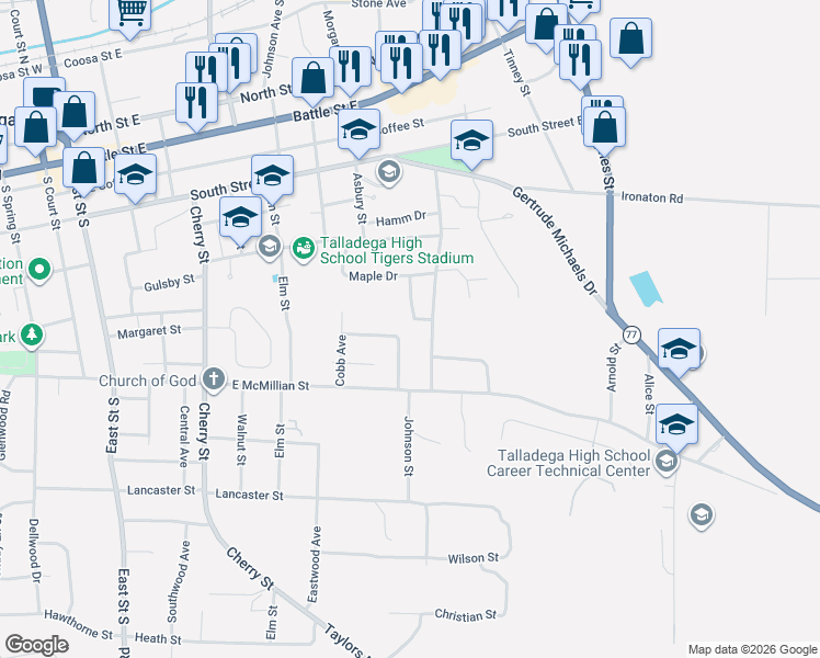 map of restaurants, bars, coffee shops, grocery stores, and more near 500 Sunset Avenue in Talladega