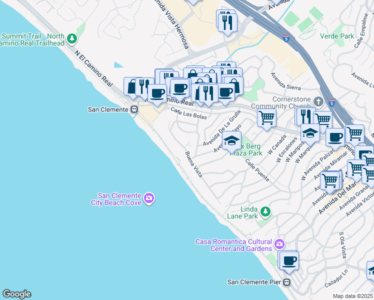 map of restaurants, bars, coffee shops, grocery stores, and more near 1501 Buena Vista in San Clemente