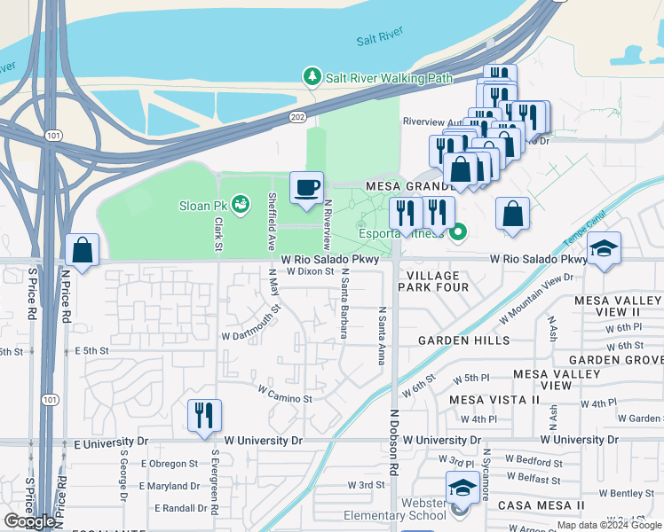 map of restaurants, bars, coffee shops, grocery stores, and more near 2112 West Dixon Street in Mesa