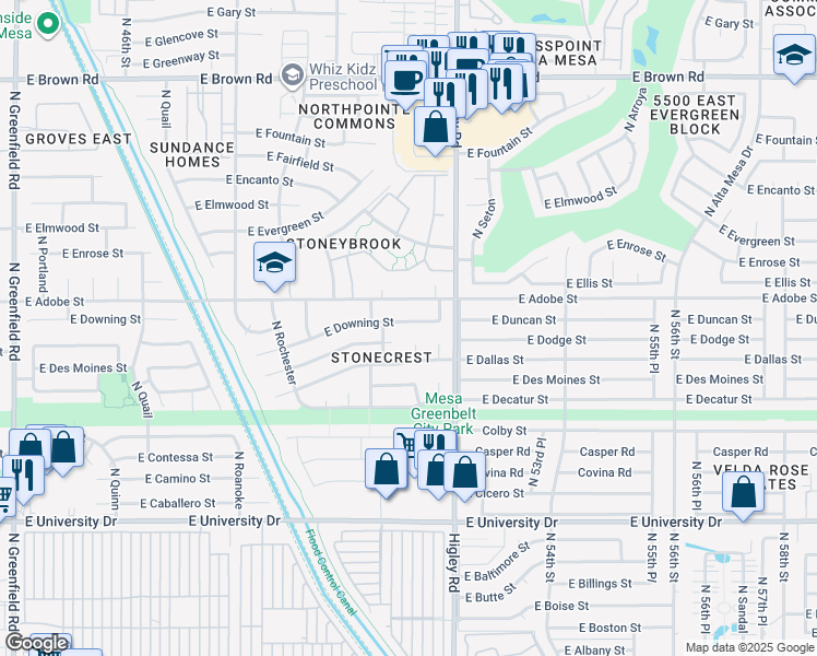 map of restaurants, bars, coffee shops, grocery stores, and more near 5058 East Dartmouth Circle in Mesa