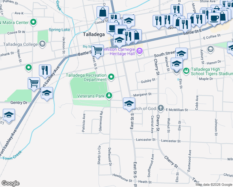 map of restaurants, bars, coffee shops, grocery stores, and more near 206 Gary Street in Talladega