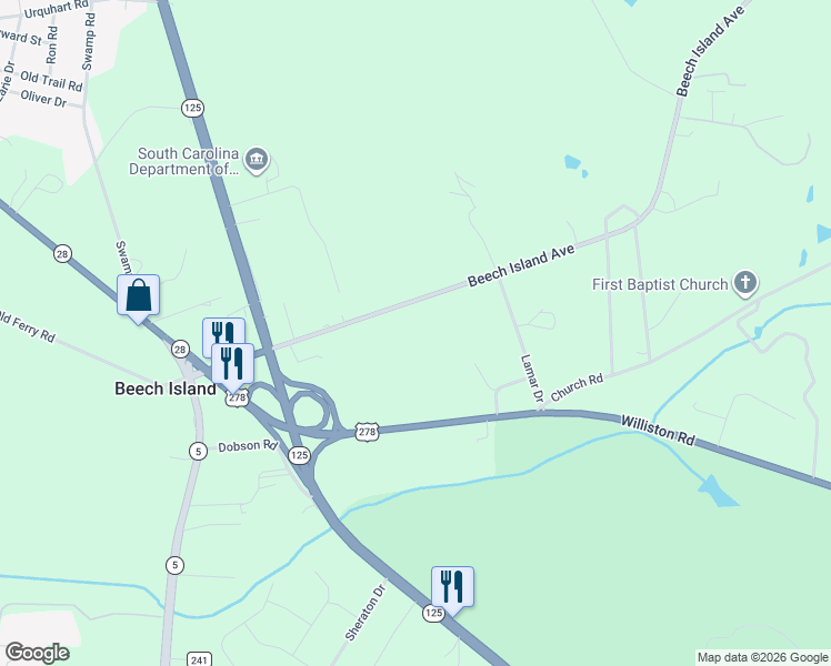 map of restaurants, bars, coffee shops, grocery stores, and more near 342 Beech Island Avenue in Beech Island