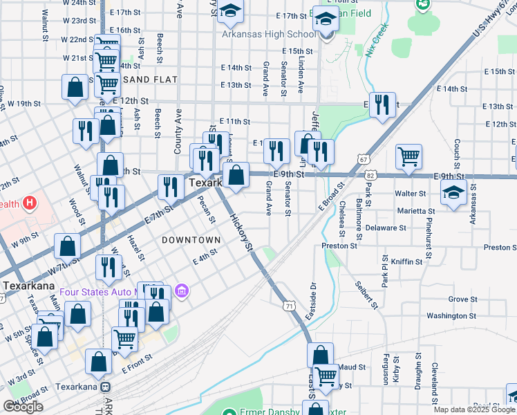 map of restaurants, bars, coffee shops, grocery stores, and more near 927 East 5th Street in Texarkana