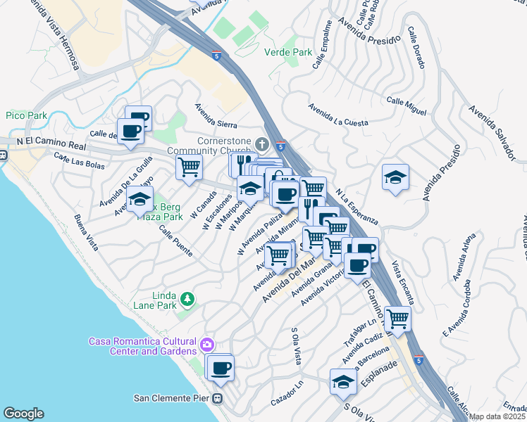 map of restaurants, bars, coffee shops, grocery stores, and more near 116 Loma Lane in San Clemente