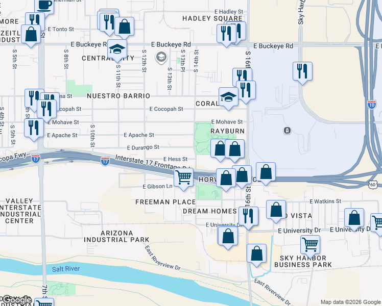 map of restaurants, bars, coffee shops, grocery stores, and more near 1318 East Hess Avenue in Phoenix