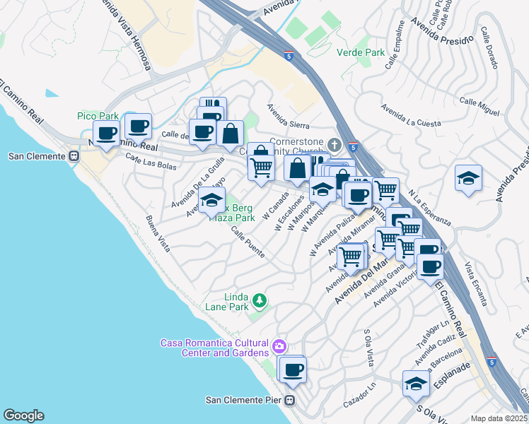 map of restaurants, bars, coffee shops, grocery stores, and more near 128 West Canada in San Clemente