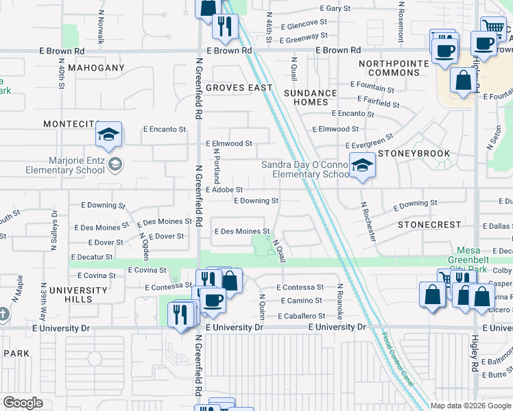 map of restaurants, bars, coffee shops, grocery stores, and more near 4521 East Downing Street in Mesa