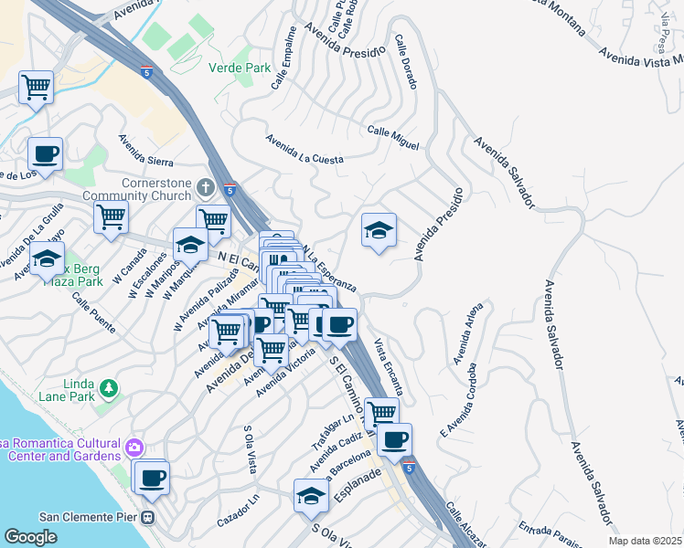 map of restaurants, bars, coffee shops, grocery stores, and more near 128 North La Esperanza in San Clemente