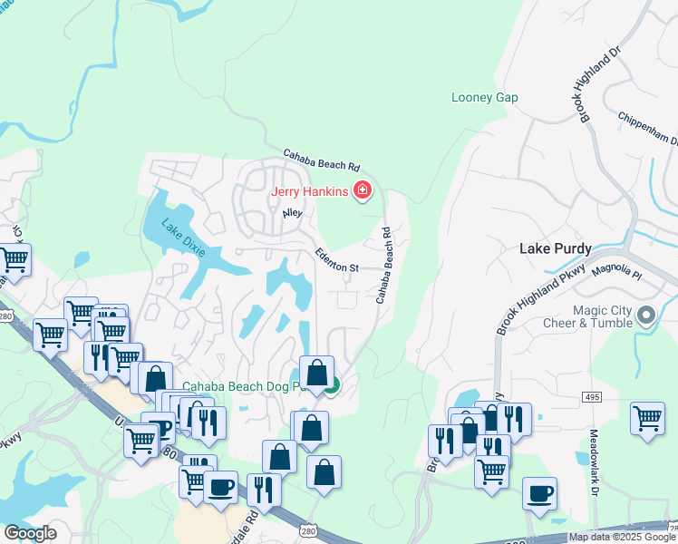 map of restaurants, bars, coffee shops, grocery stores, and more near 1104 Barristers Court in Birmingham