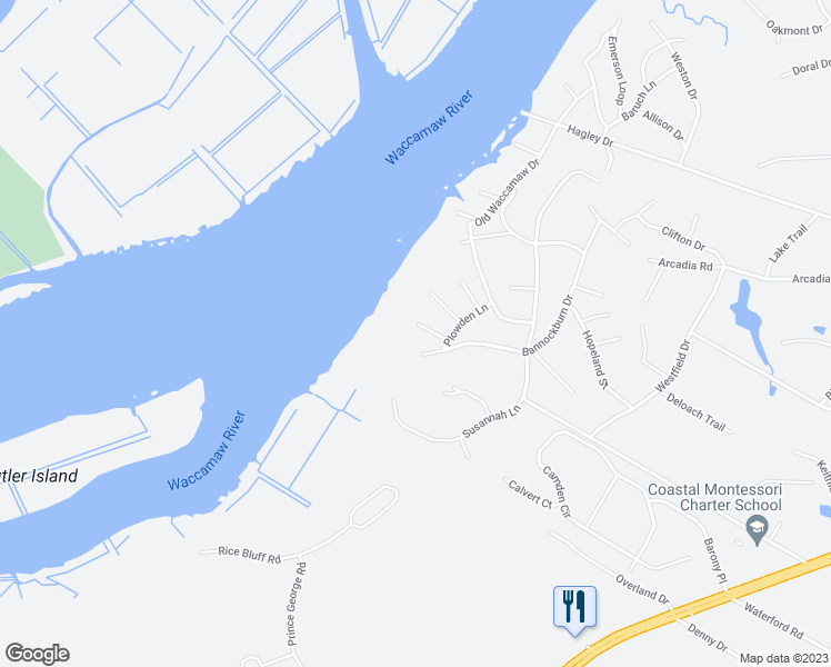 map of restaurants, bars, coffee shops, grocery stores, and more near 63 Morven Lane in Pawleys Island