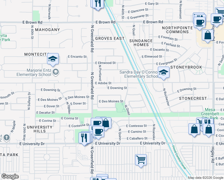 map of restaurants, bars, coffee shops, grocery stores, and more near 4521 East Downing Street in Mesa