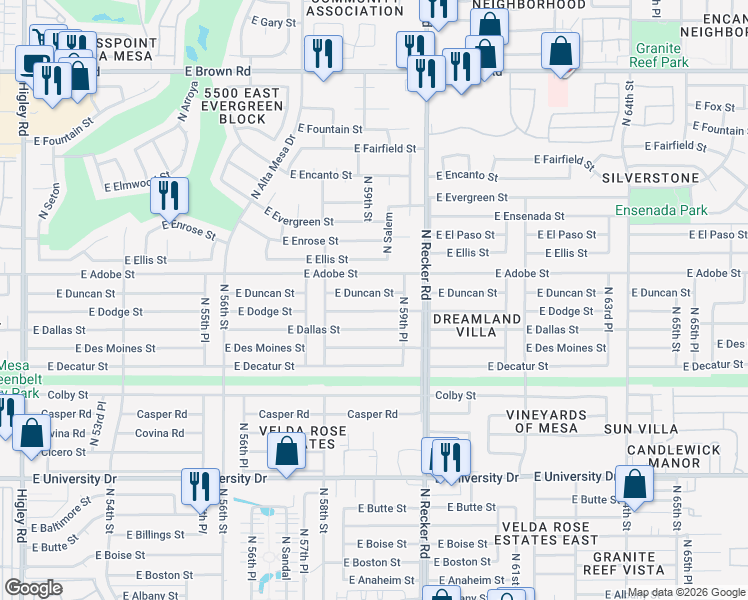 map of restaurants, bars, coffee shops, grocery stores, and more near 5914 East Dodge Street in Mesa