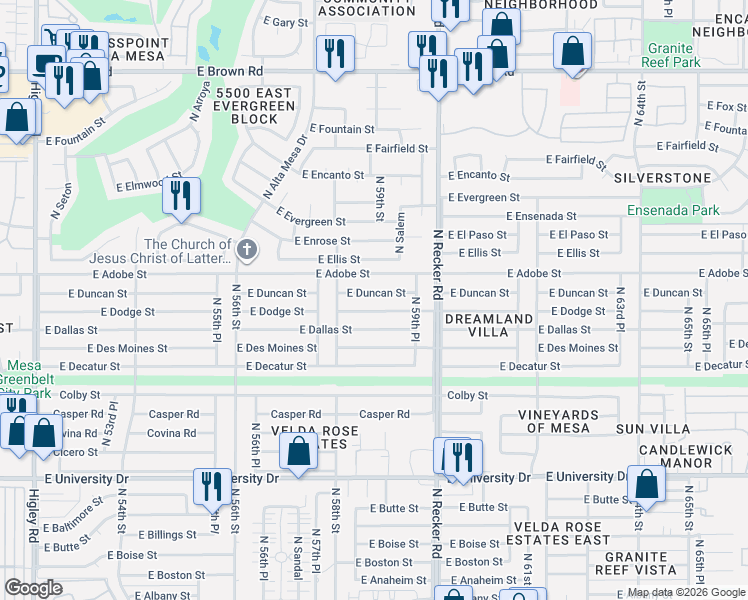map of restaurants, bars, coffee shops, grocery stores, and more near 5832 East Dodge Street in Mesa