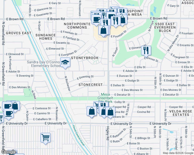map of restaurants, bars, coffee shops, grocery stores, and more near 5058 East Dartmouth Circle in Mesa