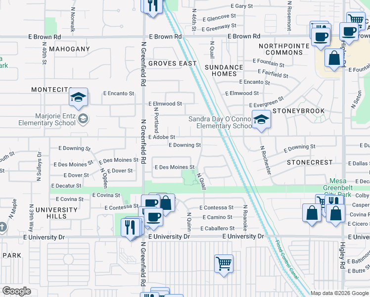 map of restaurants, bars, coffee shops, grocery stores, and more near 4521 East Downing Street in Mesa