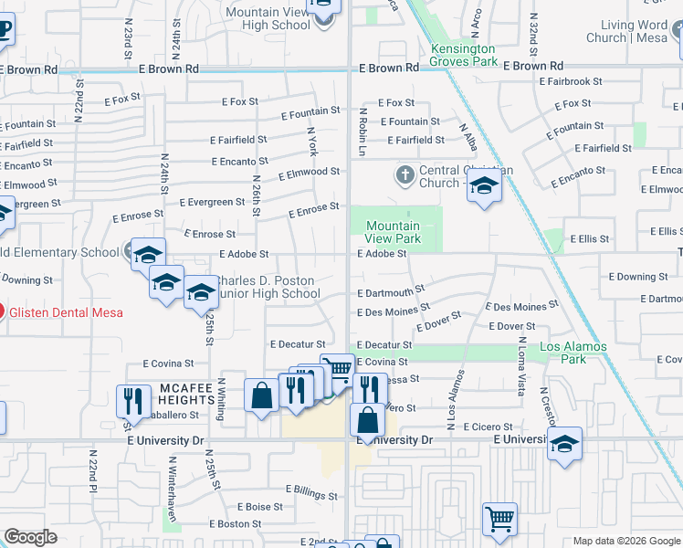 map of restaurants, bars, coffee shops, grocery stores, and more near 705 North Lindsay Road in Mesa