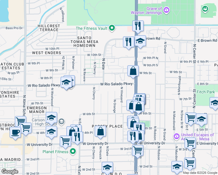 map of restaurants, bars, coffee shops, grocery stores, and more near 738 North Date in Mesa