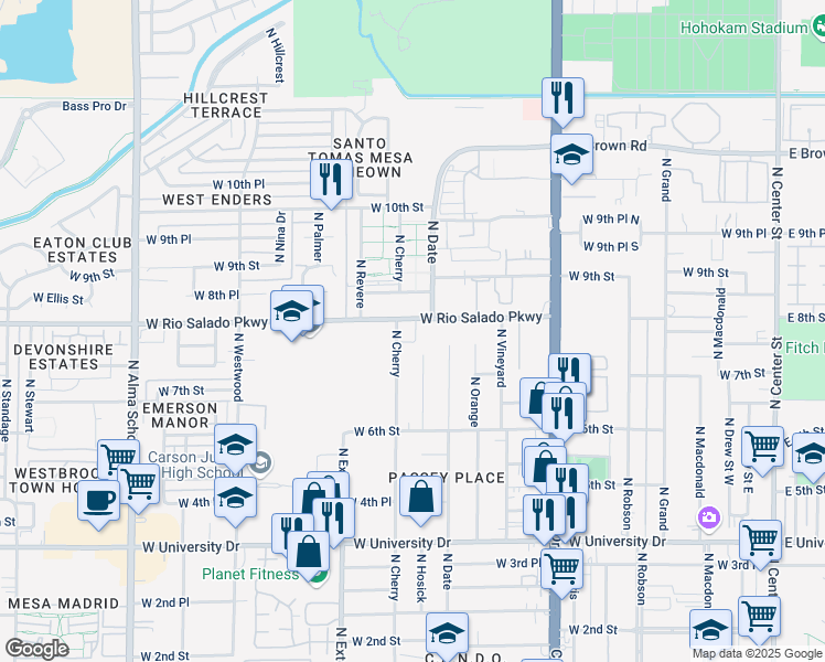 map of restaurants, bars, coffee shops, grocery stores, and more near 743 North Cherry in Mesa