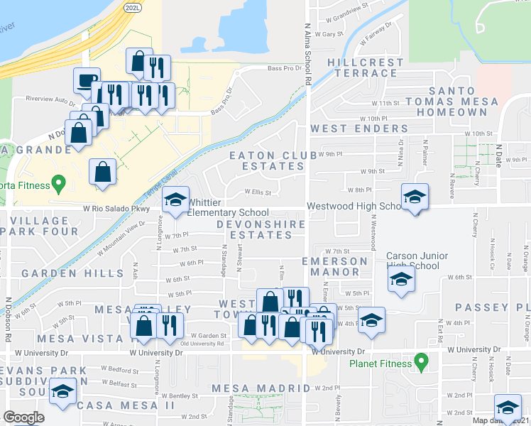 map of restaurants, bars, coffee shops, grocery stores, and more near 1301 West 8th Street in Mesa
