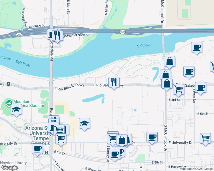 map of restaurants, bars, coffee shops, grocery stores, and more near 1301-1337 East Rio Salado Parkway in Tempe