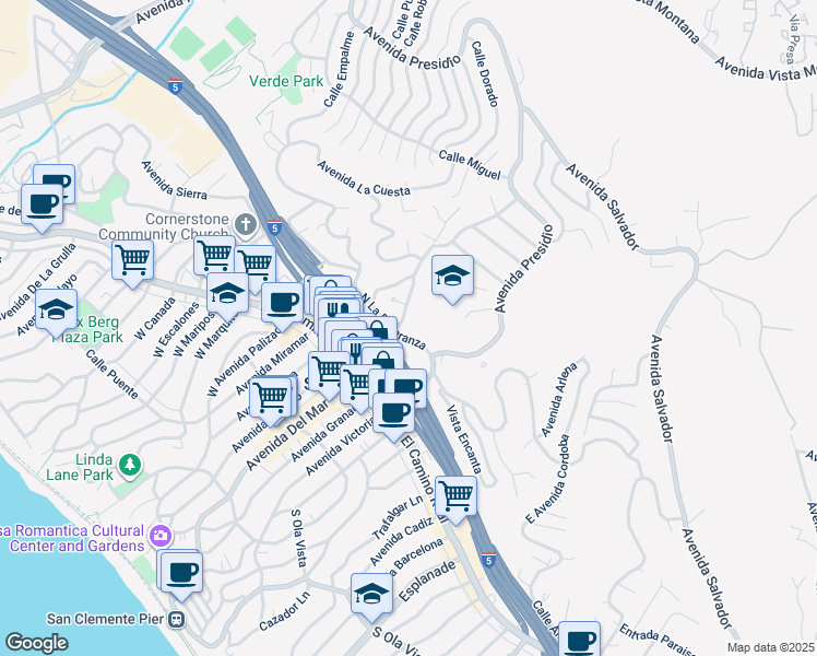 map of restaurants, bars, coffee shops, grocery stores, and more near 128 North La Esperanza in San Clemente