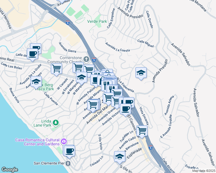 map of restaurants, bars, coffee shops, grocery stores, and more near 303 North El Camino Real in San Clemente