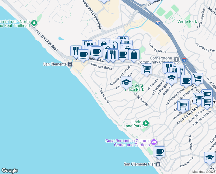 map of restaurants, bars, coffee shops, grocery stores, and more near in San Clemente