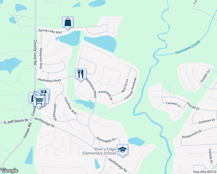 map of restaurants, bars, coffee shops, grocery stores, and more near 40 Prestwick Drive in Fayetteville