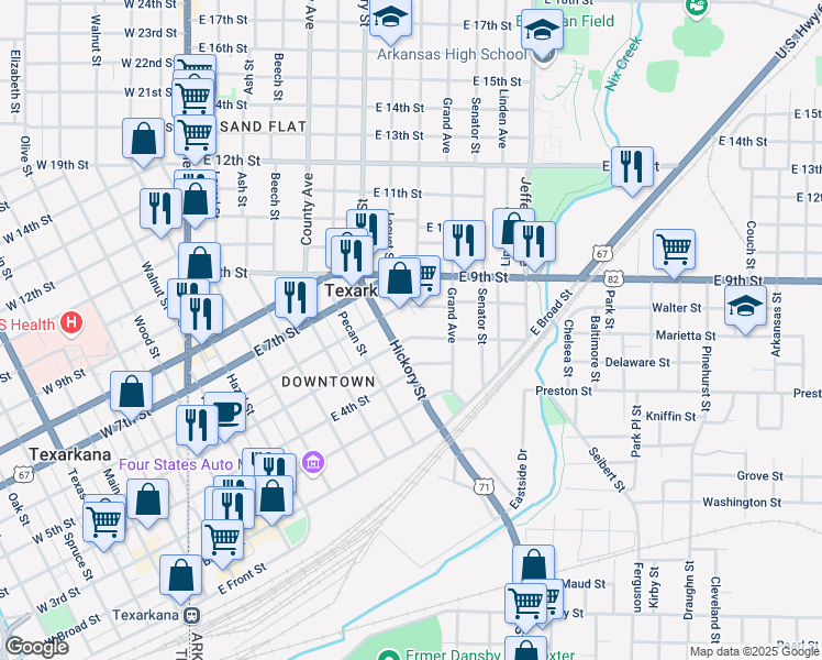 map of restaurants, bars, coffee shops, grocery stores, and more near 500 Hickory Street in Texarkana